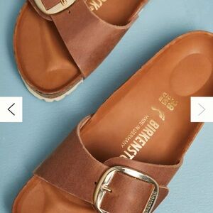Birkenstock Madrid Tan Leather Slides with Gold Buckle